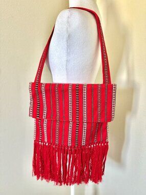 Vintage Mid Century Handmade Shoulder Bag In Red With Fringe Detail And Satin